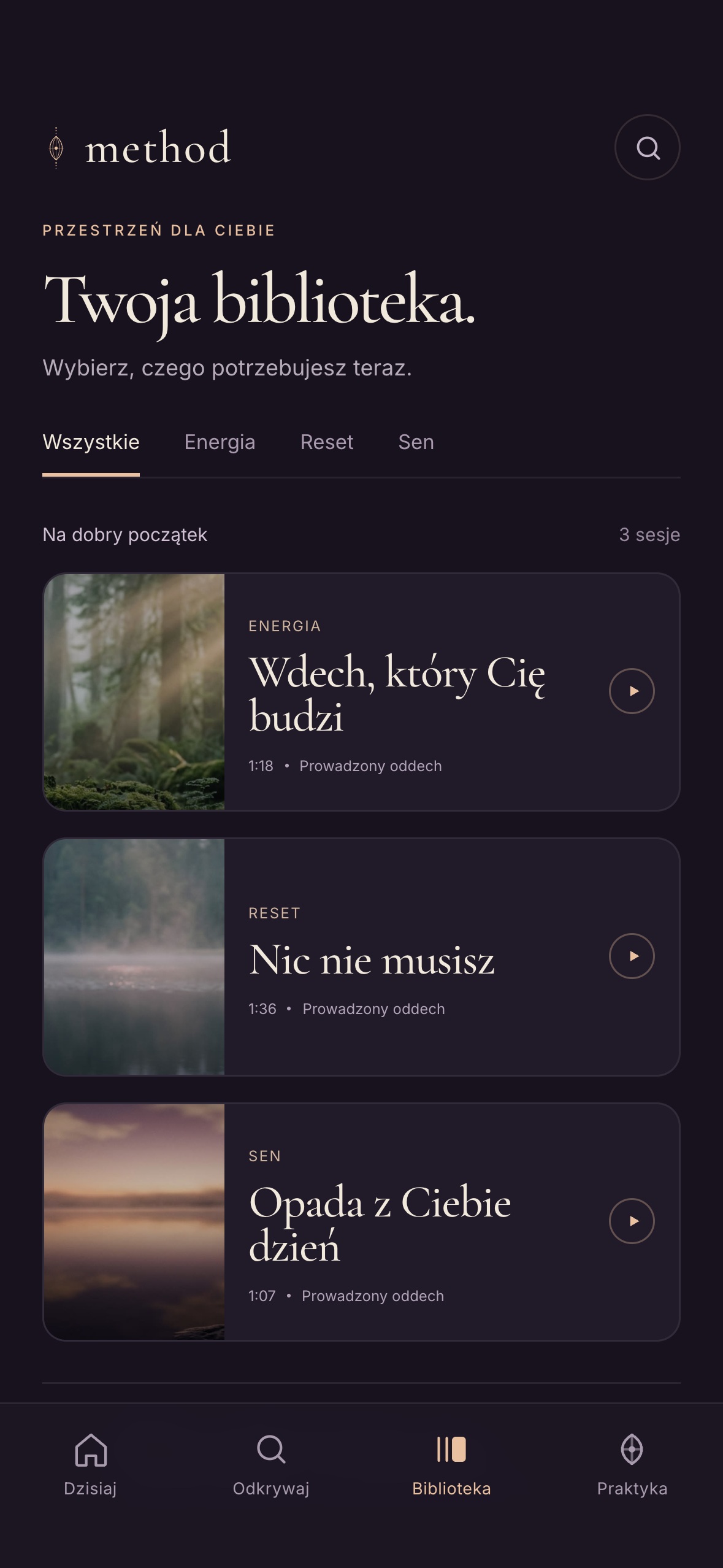 Ekran aplikacji Method: Własne tempo